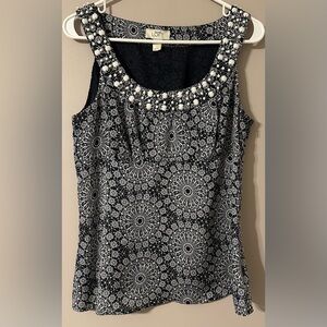 ANN TAYLOR LOFT size 6 Elegant Black and White Patterned Beaded Sleeveless Top